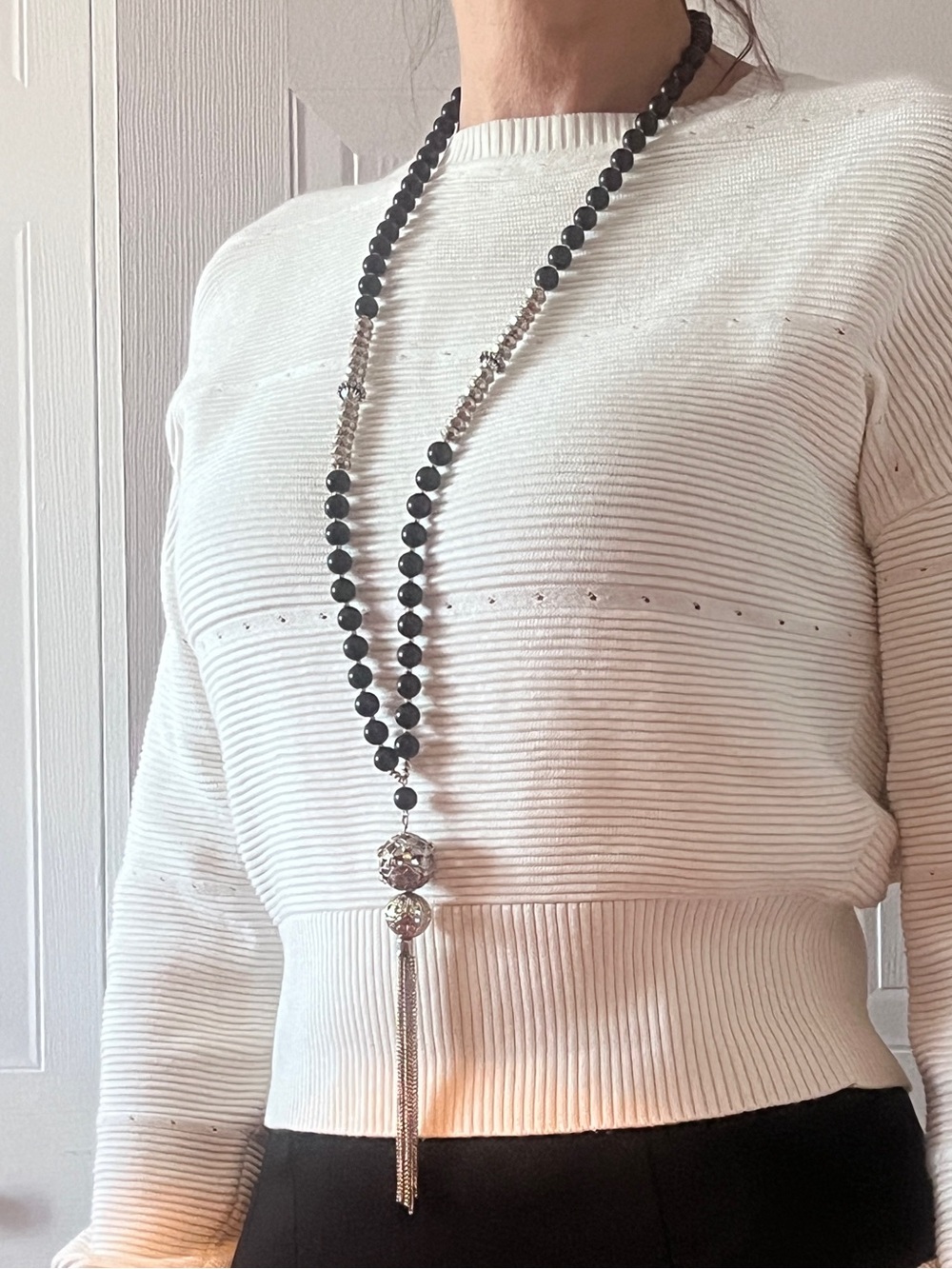 Long Matte Black Beaded Tassel Necklace - Modern Rosary - Gothique Riche